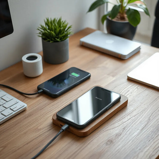 Sleek wireless charging station on a desk with a smartphone resting on the charging pad