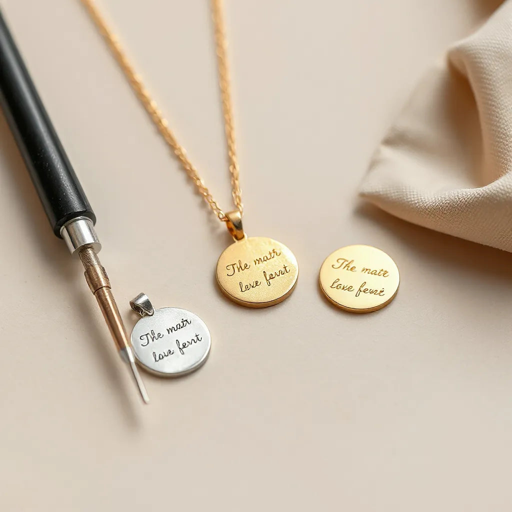 Engravable pendant and bracelet on a neutral background with a small engraving tool