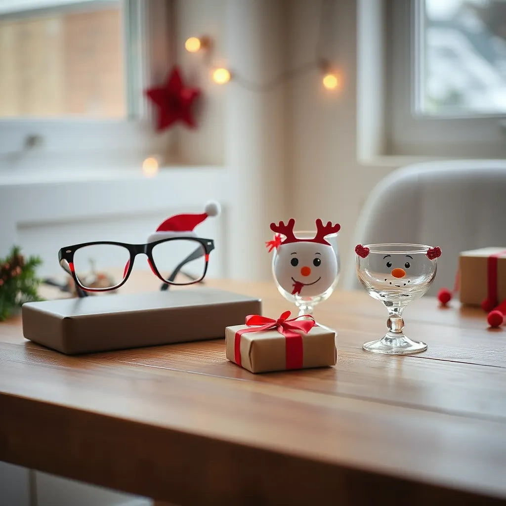 Festive character glasses gift set arranged on a wooden table with holiday decor in soft light.