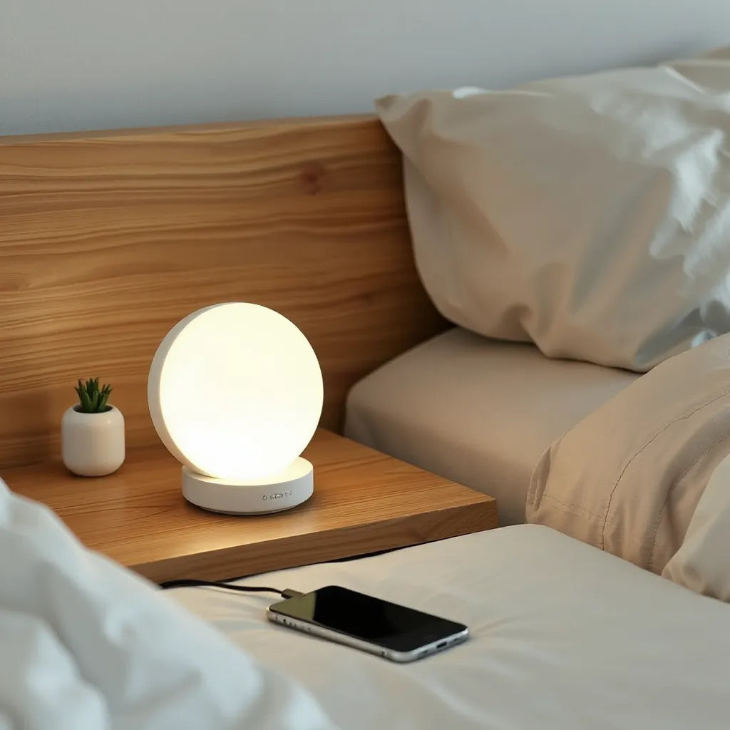 Moon-shaped lamp glowing on a bedside table with a phone resting on its wireless charging surface