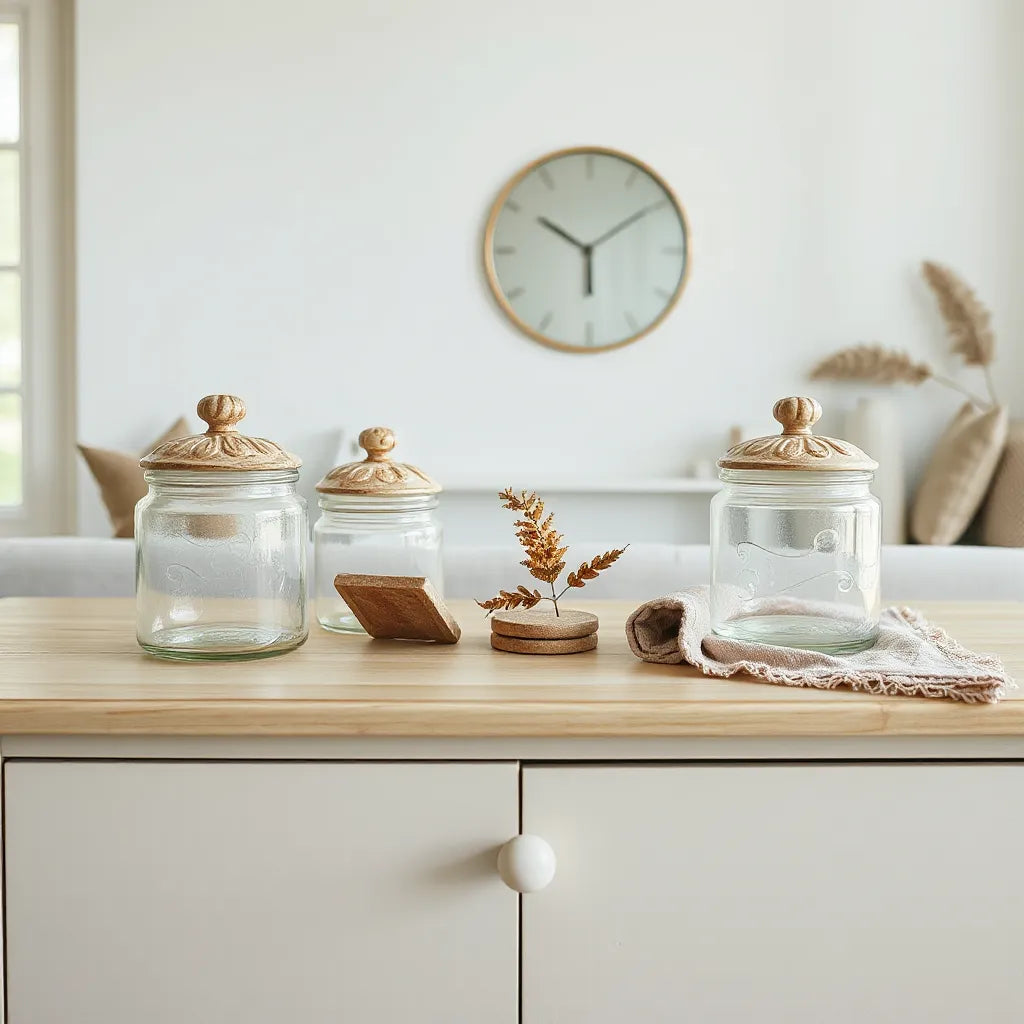 Ornate resin-lidded jars styled on a light wood surface with small neutral decor