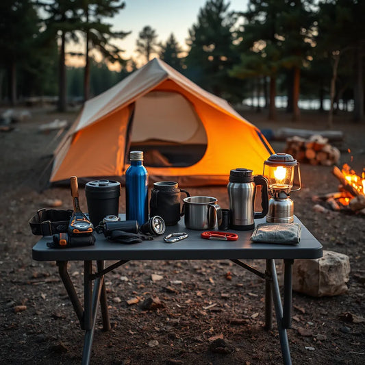 Camping essentials arranged on a table near a tent, including lantern, flashlight, water bottle, and cookware