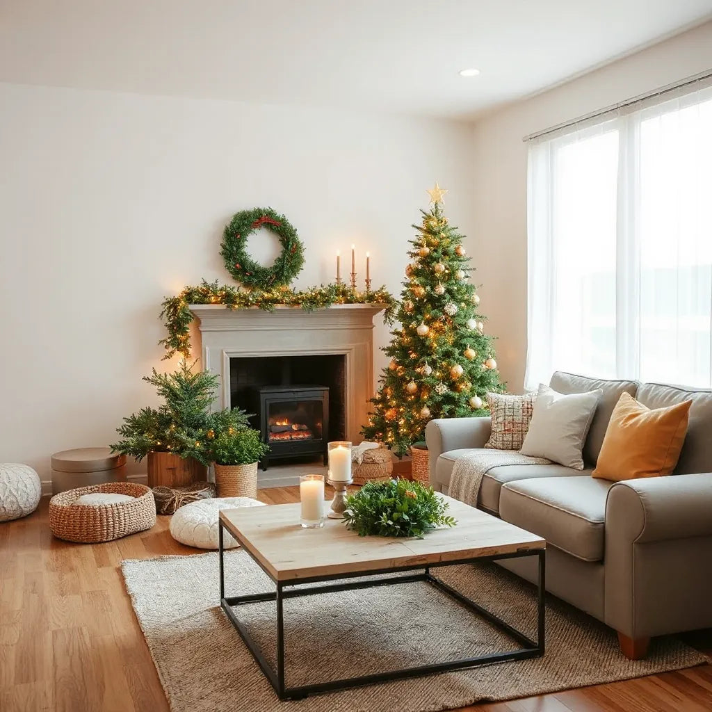 Cozy living room with warm holiday lights, garland on the mantel, and a decorated tree