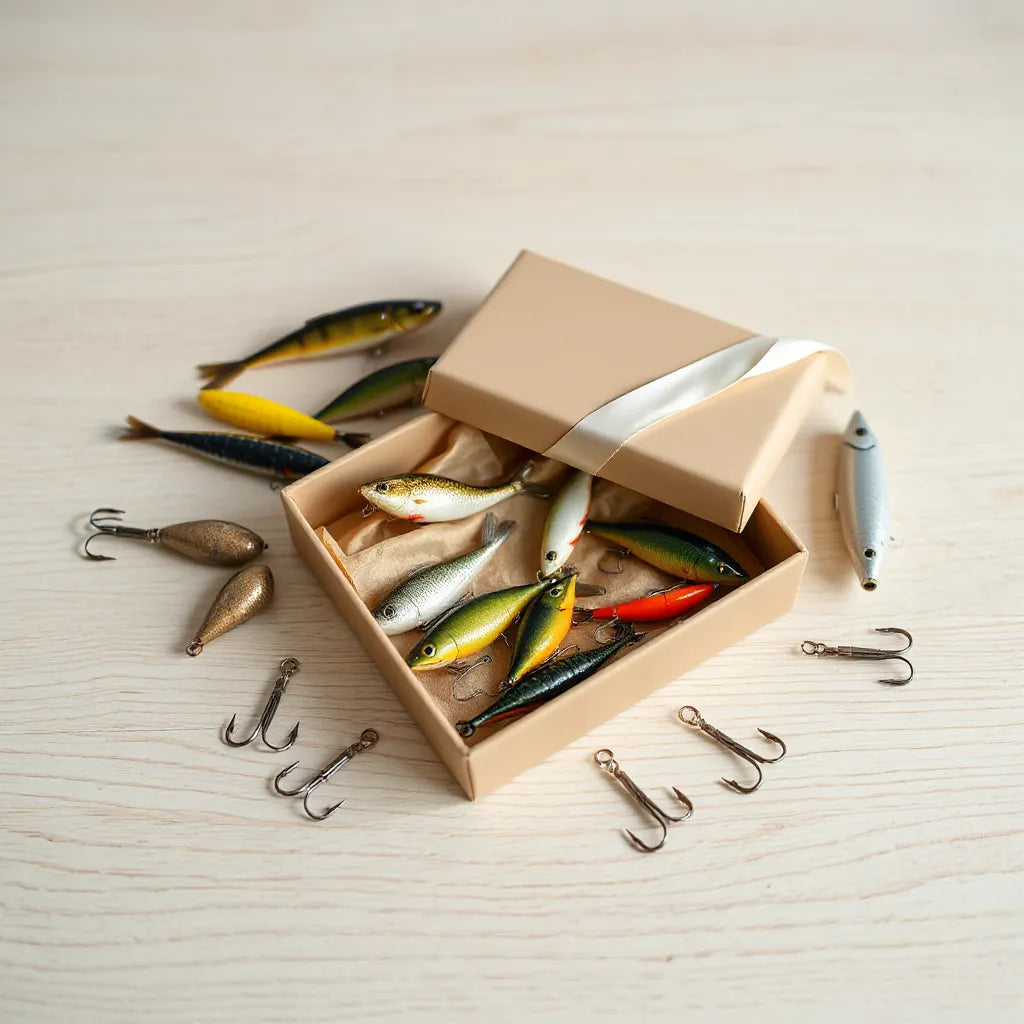 Assorted fishing lures arranged in an elegant gift set on a wooden surface