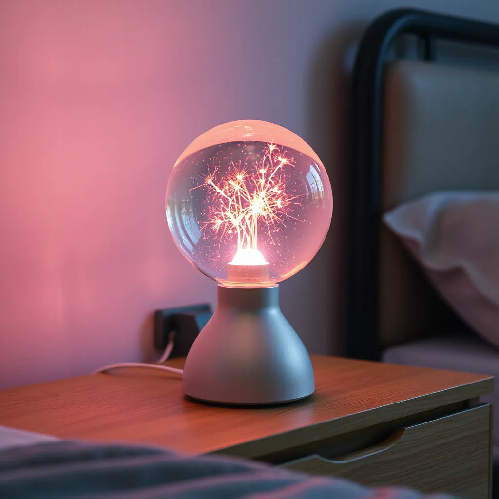 Touch-sensitive plasma ball night light glowing on a bedside table with warm reflections