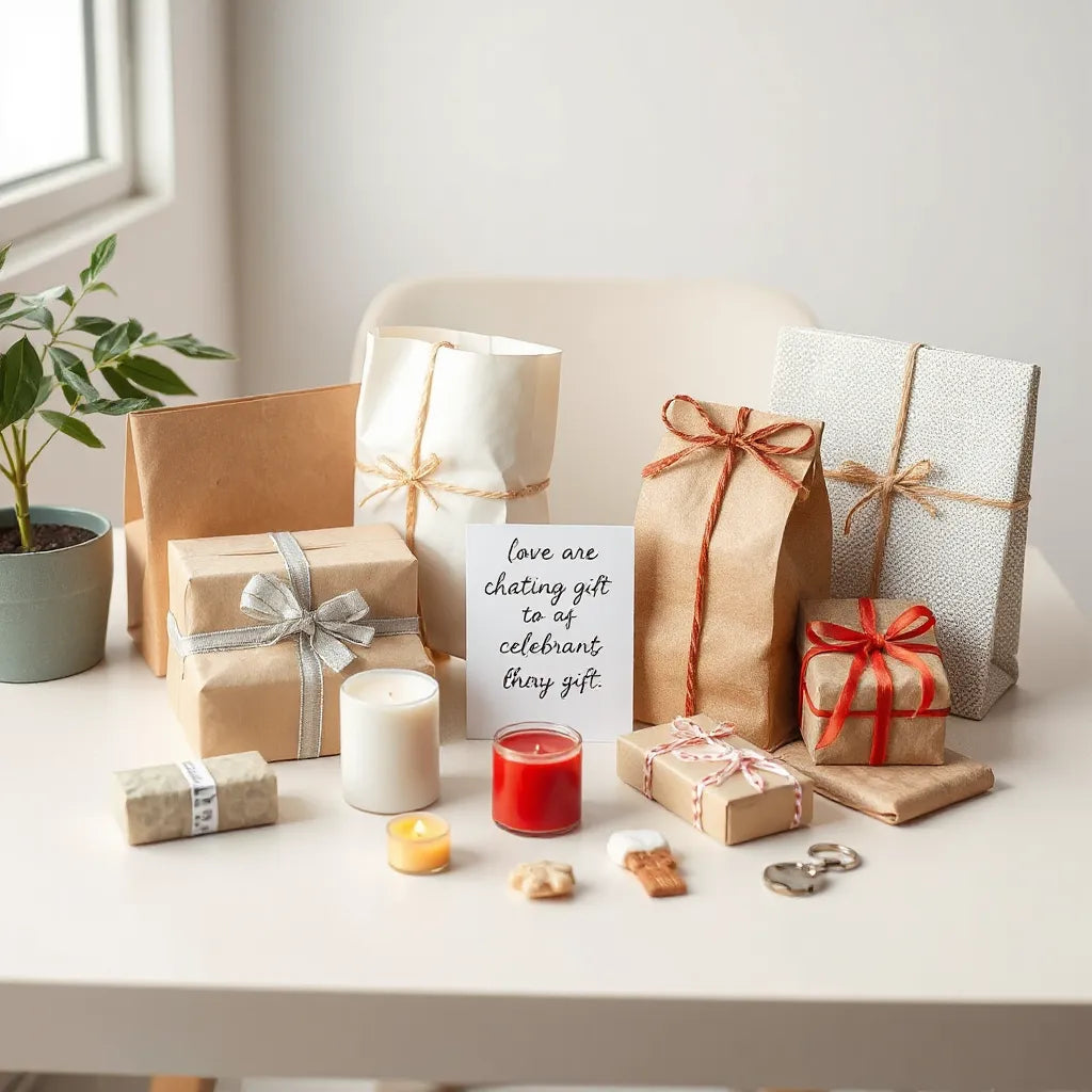 Assorted wrapped gifts and small decor items arranged on a light table with soft natural lighting