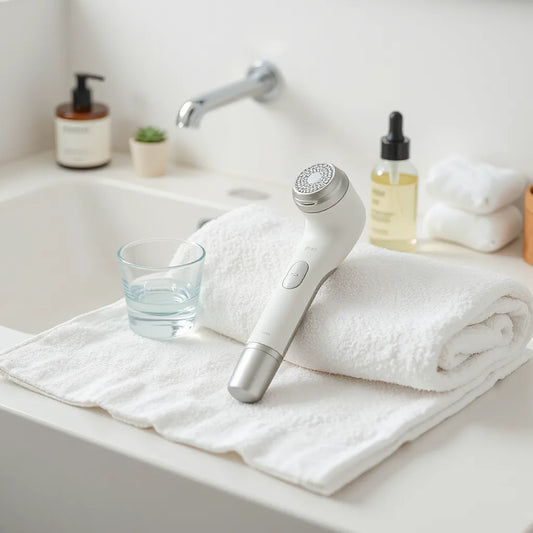 Sleek facial massager on a white towel with skincare serum on a neutral vanity