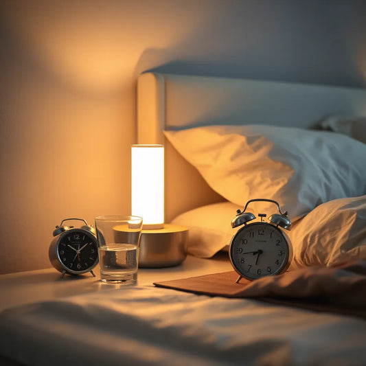Warm glowing rechargeable LED night light on a bedside table beside a simple alarm clock