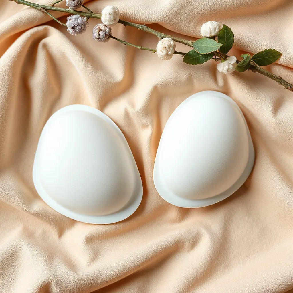 Contoured adhesive push-up bra inserts with adhesive backing on a neutral fabric background