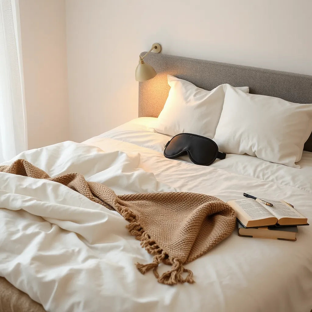 Bedside setup with soft bedding, warm lamp light, and sleep mask for comfortable rest