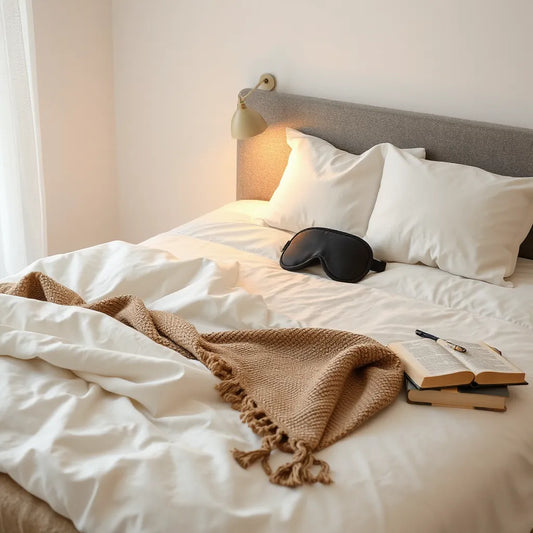 Bedside setup with soft bedding, warm lamp light, and sleep mask for comfortable rest