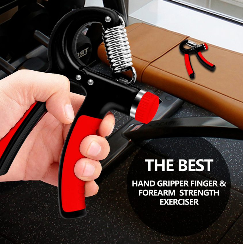 Hand grip strength trainer with red-and-black anti-slip handles and spring adjuster
