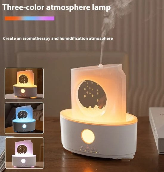 White ultrasonic humidifier with glowing top light and mist plume rising from outlet