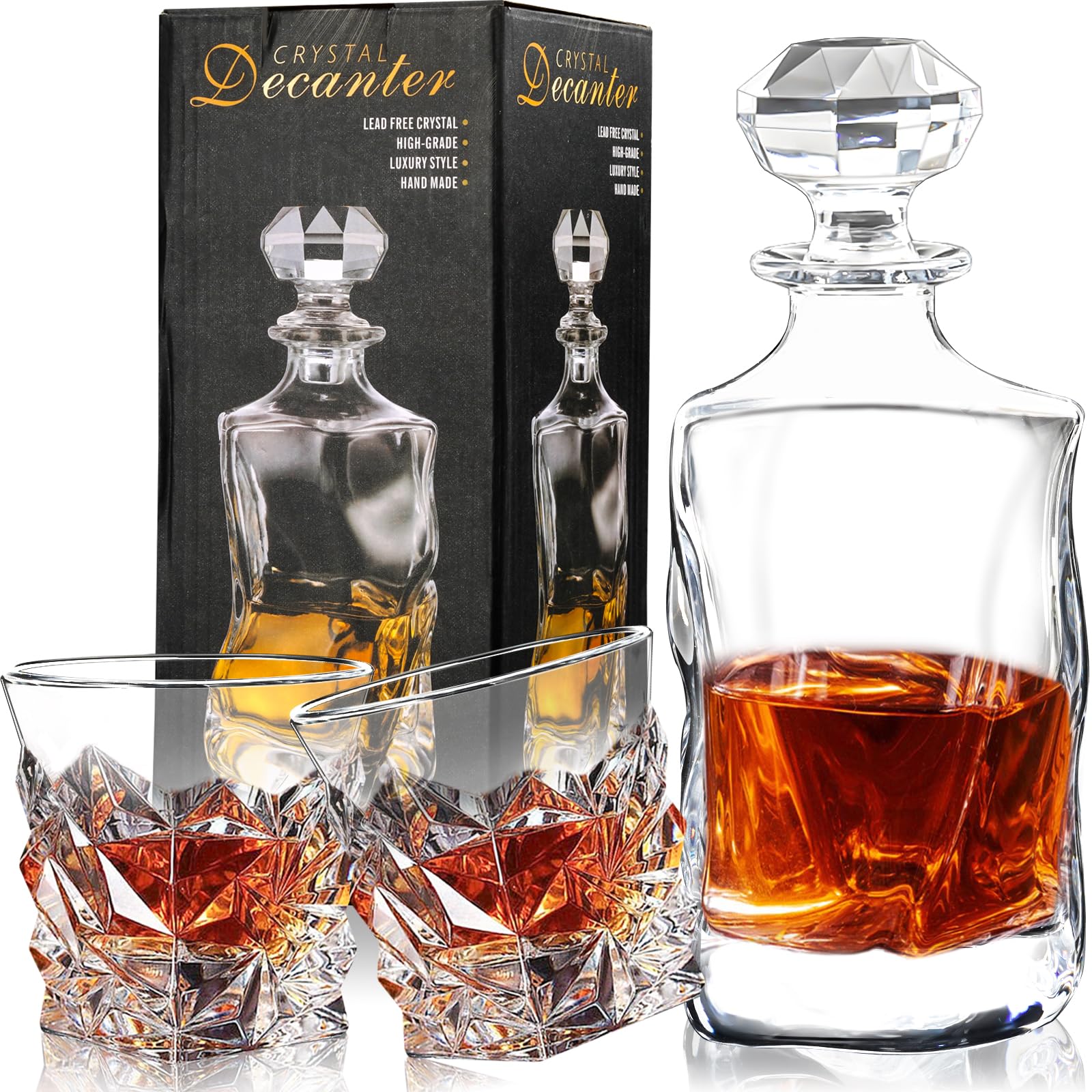 Crystal whiskey decanter set with cut-glass decanter and two clear old-fashioned tumblers
