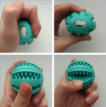 Teal rubber treat-dispensing puzzle dog ball shown from multiple angles