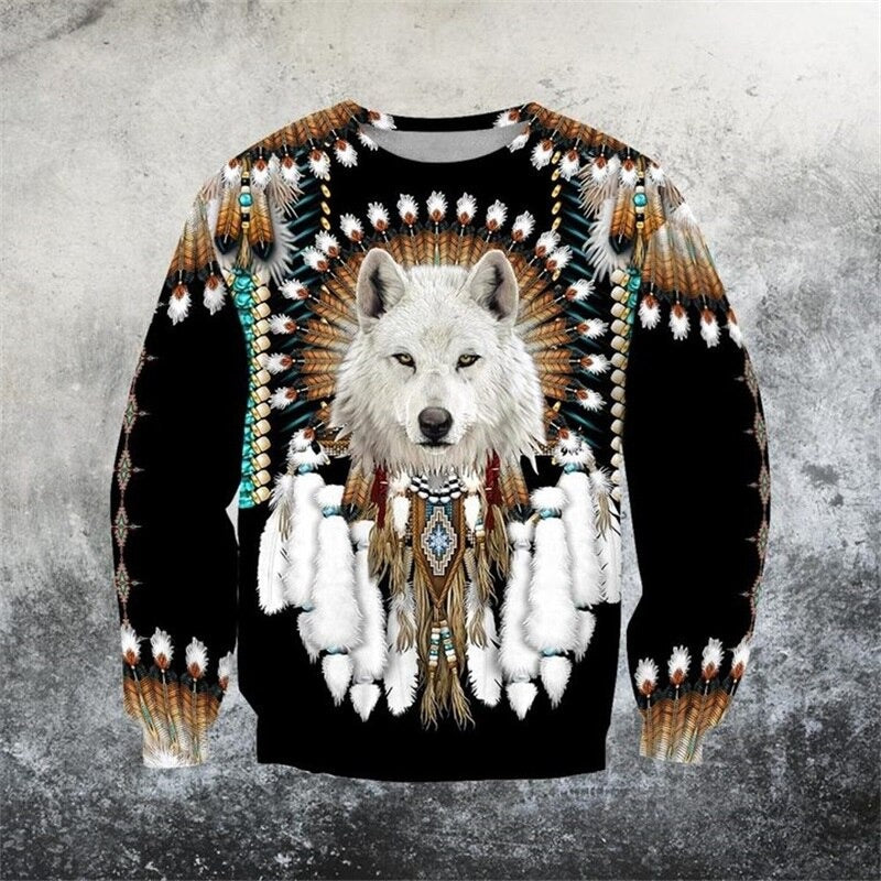 Wolf print 3D sweatshirt, black with large wolf face graphic, long sleeves