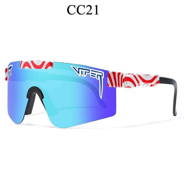 Sporty wrap sunglasses with light blue mirror shield lens, red-and-white patterned temple