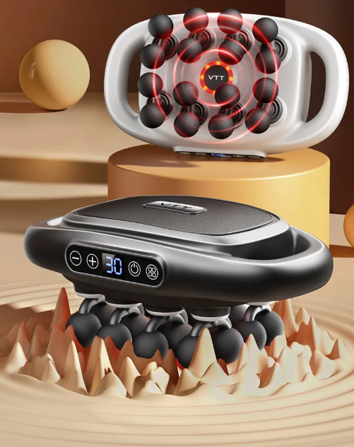 Deep tissue massage gun with gray textured head and multiple attachment balls