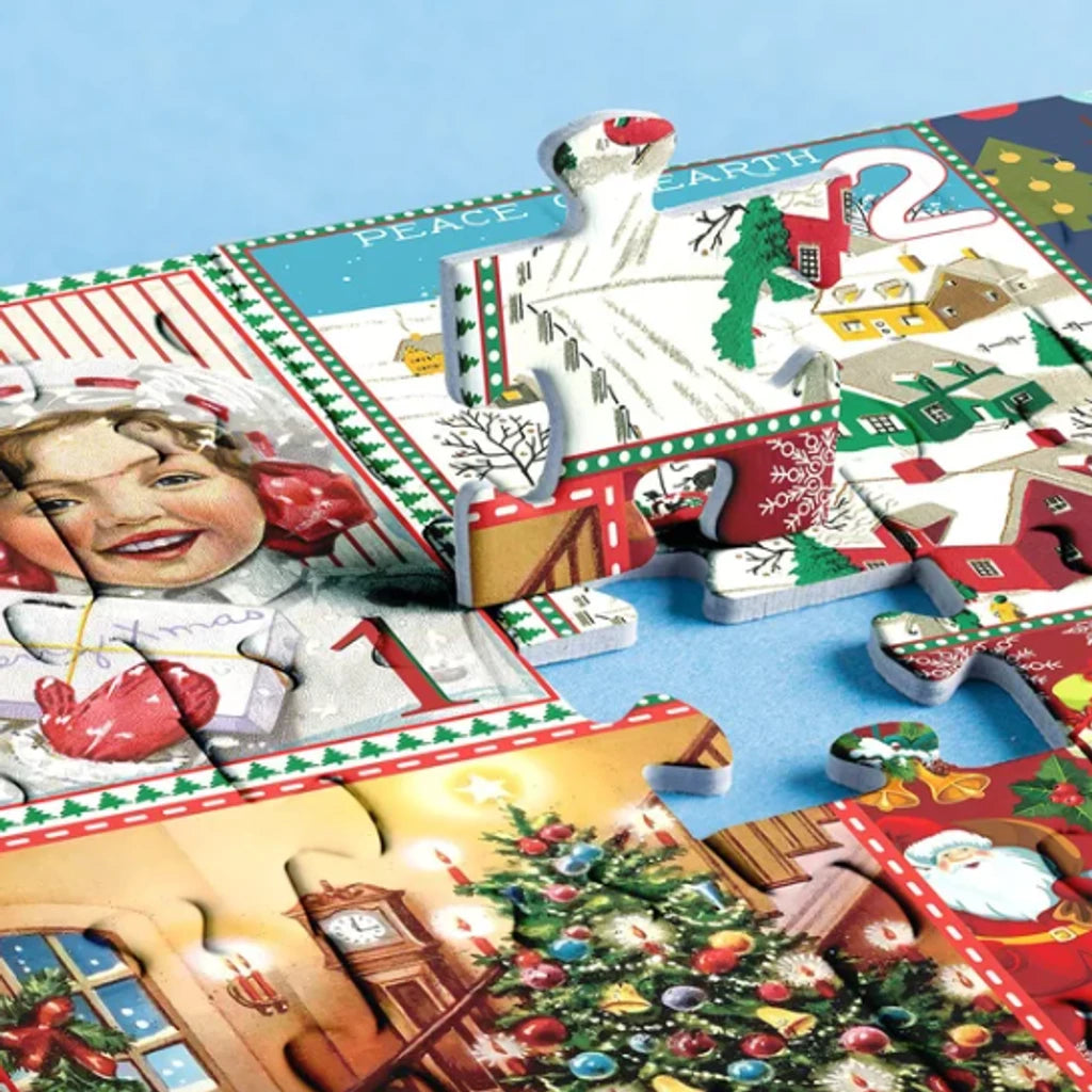 Colorful Christmas advent calendar jigsaw puzzle pieces with illustrated houses