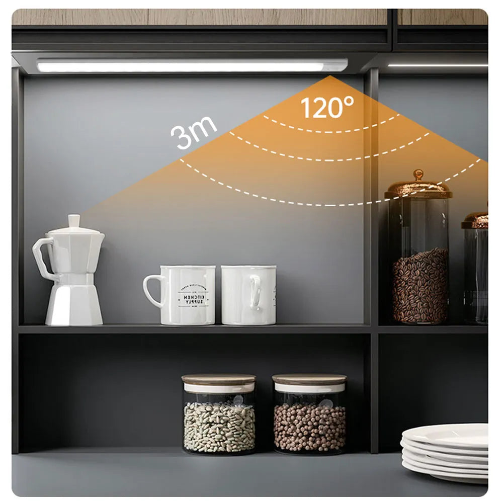 Motion sensor LED light bar illuminating shelves, angled beam coverage