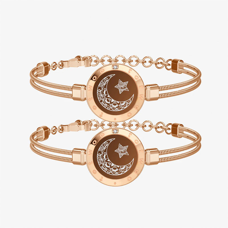 Rose-gold smart couple bracelets with two round moon-and-star charm discs