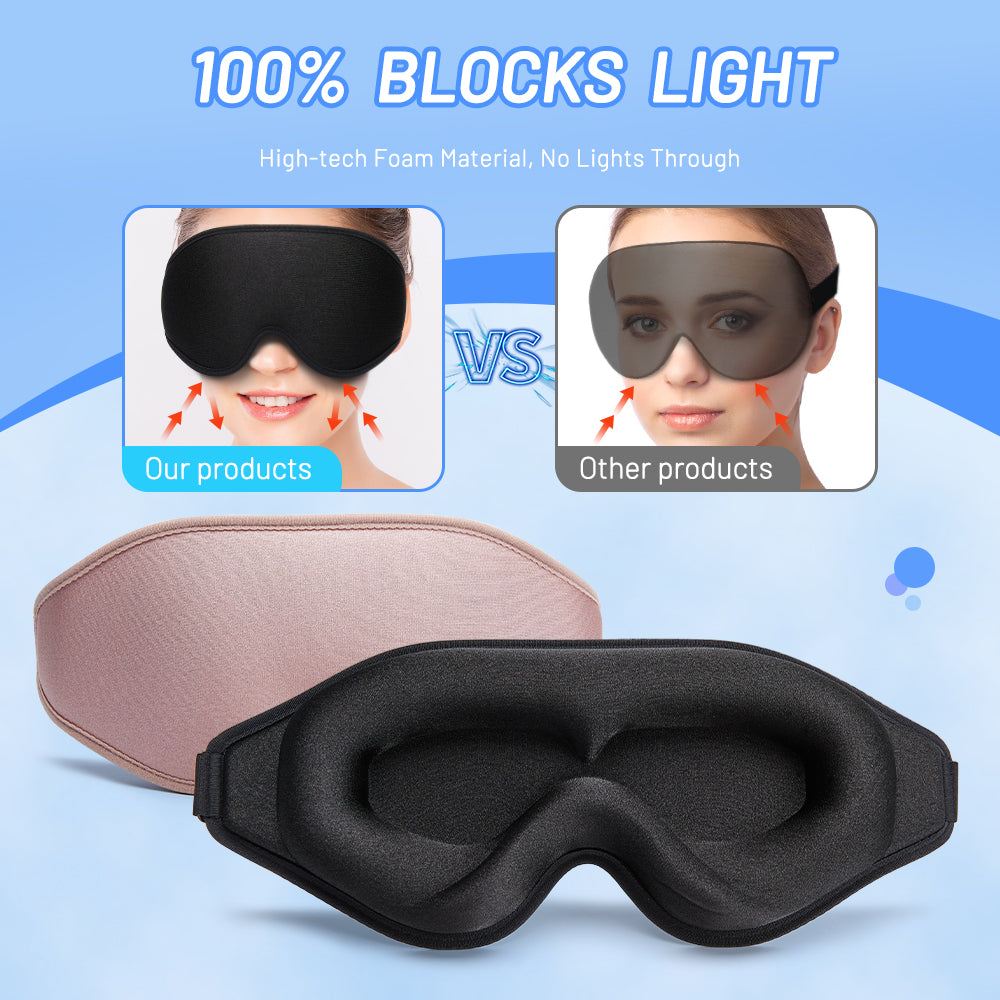 Black contoured memory foam sleep mask with curved eye cups and wide strap