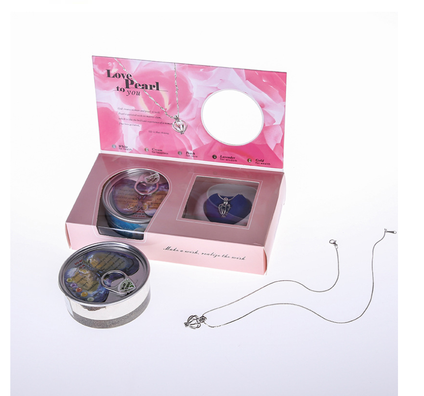 Wish pearl necklace gift set with blue heart pendant, chain, and round keepsake lid