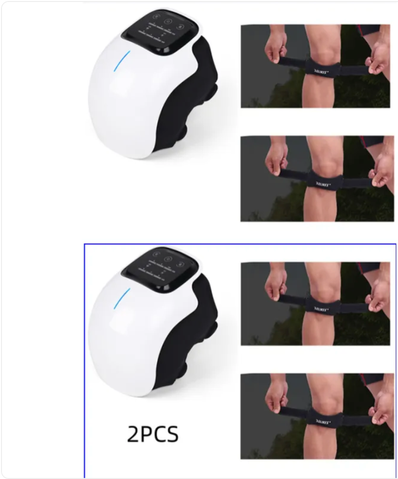 Two-piece knee massager with white device units and black fastening straps, shown in use