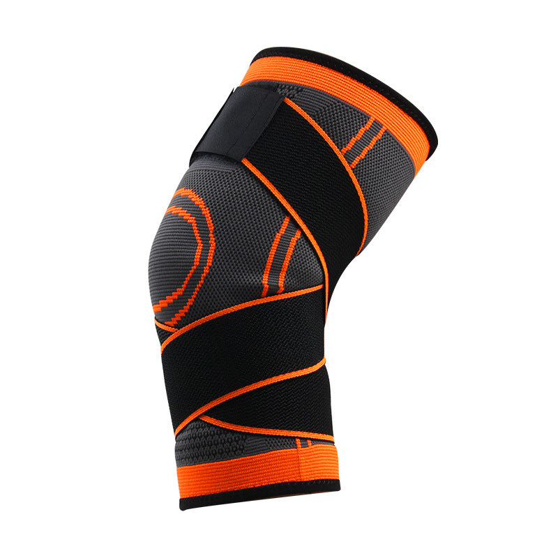 Orange compression knee sleeve with web-pattern padding and strap