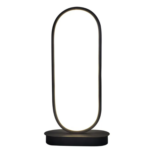Black oval LED table lamp with glowing vertical outline and round base