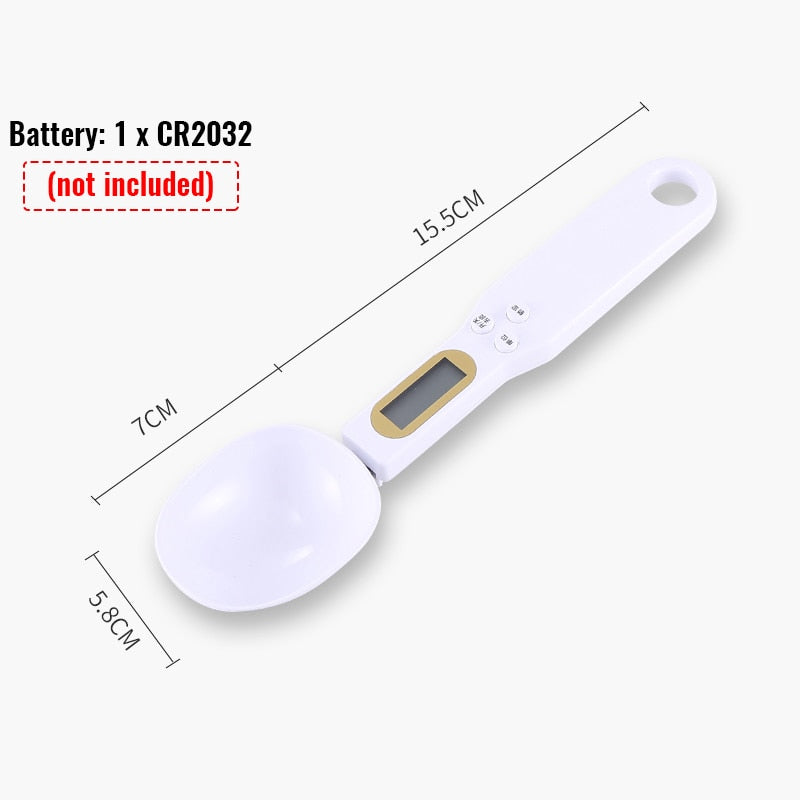 White kitchen spoon scale with LCD display and control buttons, removable oval cup
