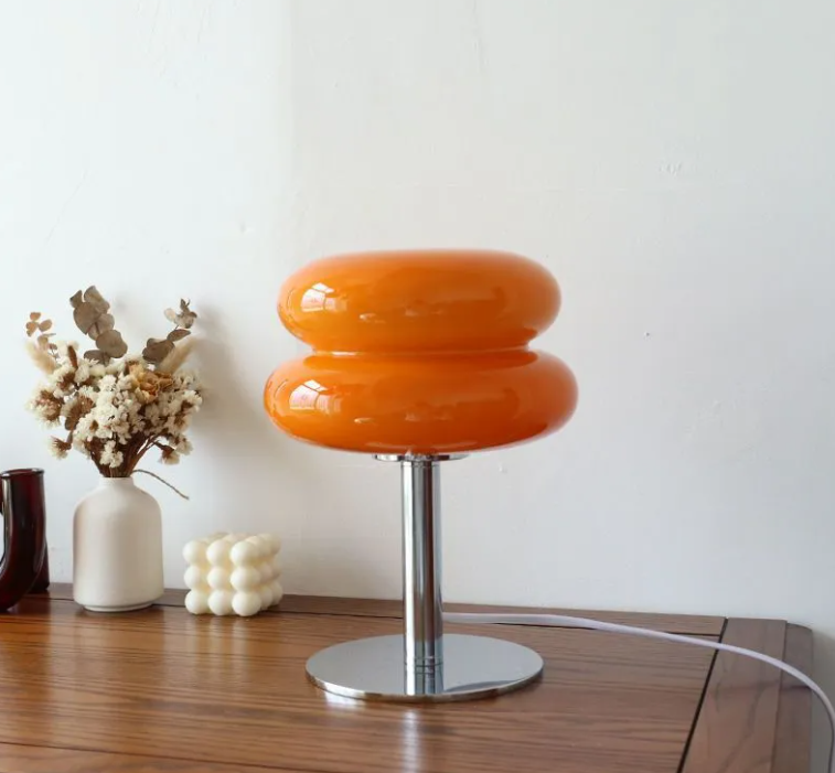 Glass shade desk lamp with iron base, orange double bulbs