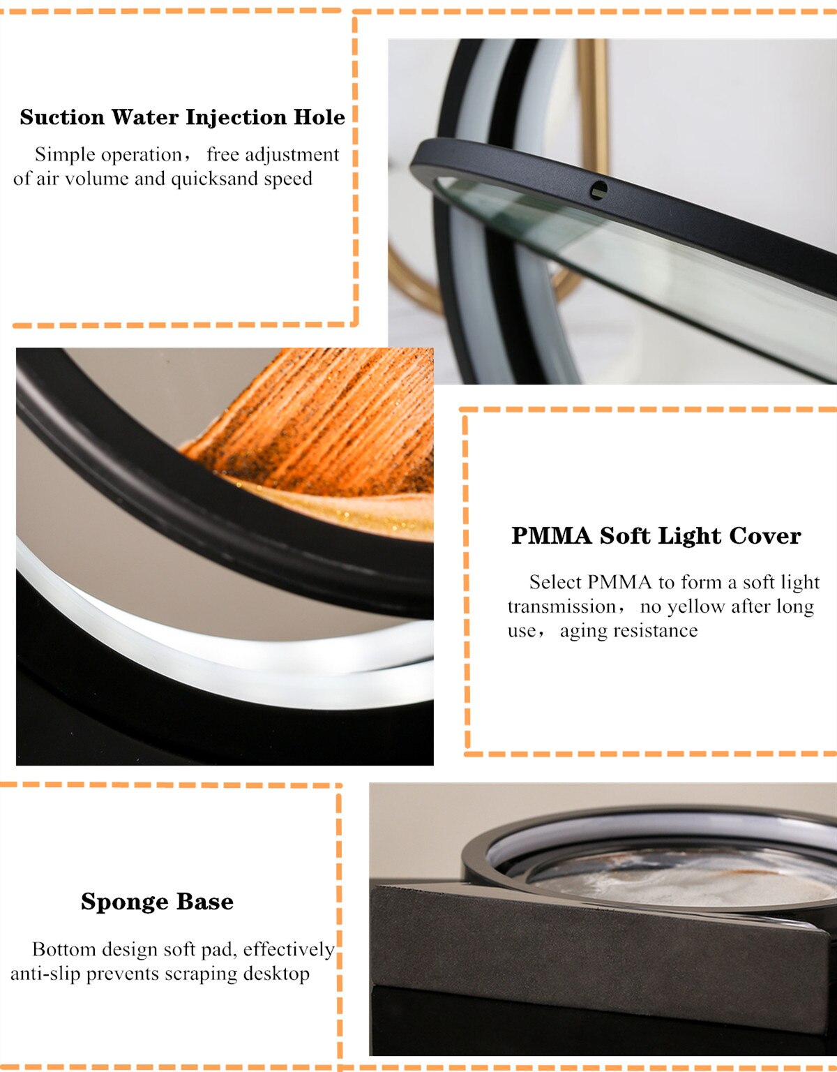 Moving sand table lamp parts with clear light cover and black base, ring design