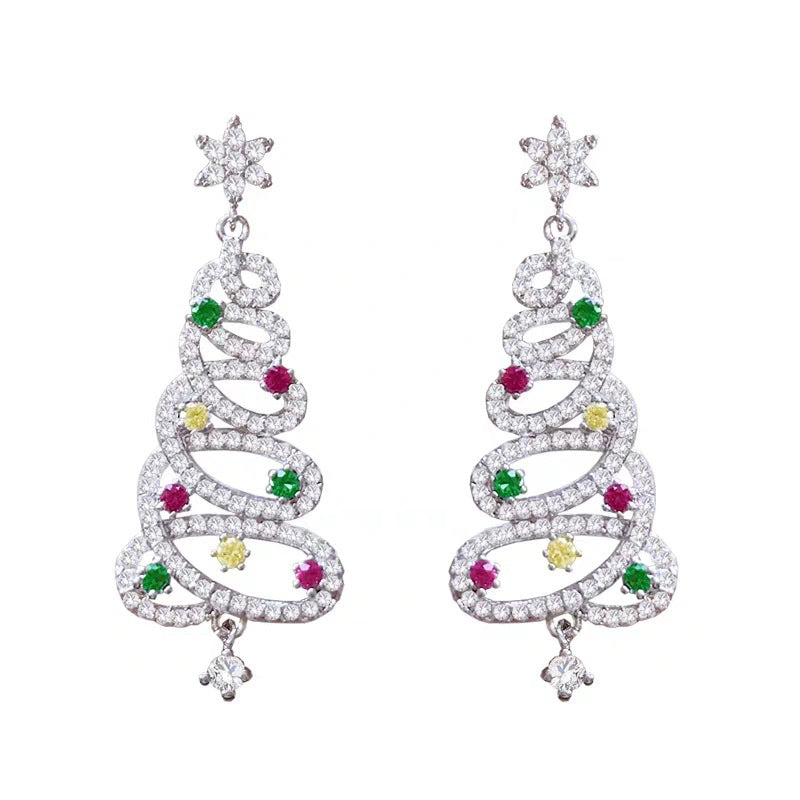 Silver-tone rhinestone Christmas tree drop earrings with multicolor gem and small bell dangle