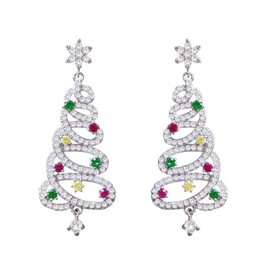 Silver-tone rhinestone Christmas tree drop earrings with multicolor gem and small bell dangle