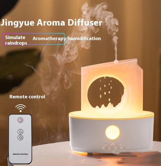White ultrasonic humidifier with warm glowing top insert and mist rising from outlet