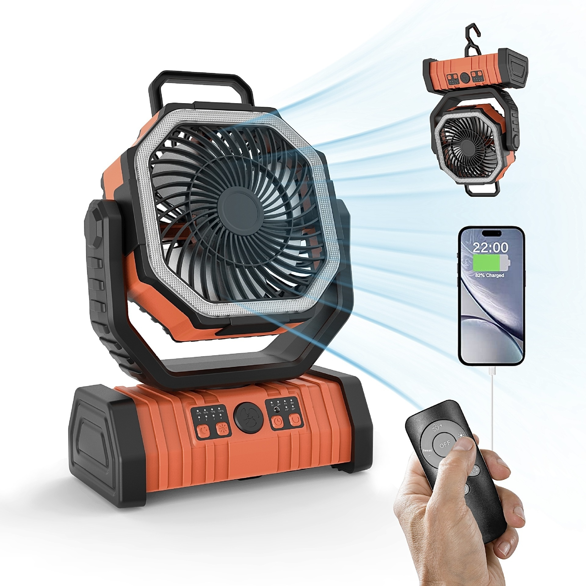 Orange portable camping fan with power bank, remote in hand and phone display