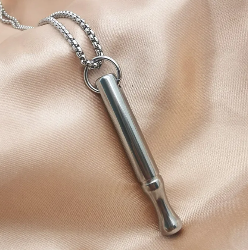Steel round-bead chain necklace with long cylindrical pendant and clasp, silver tone