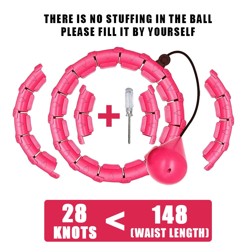 Pink weighted hula hoop with segmented ring and massage ball, black cord, silver rod