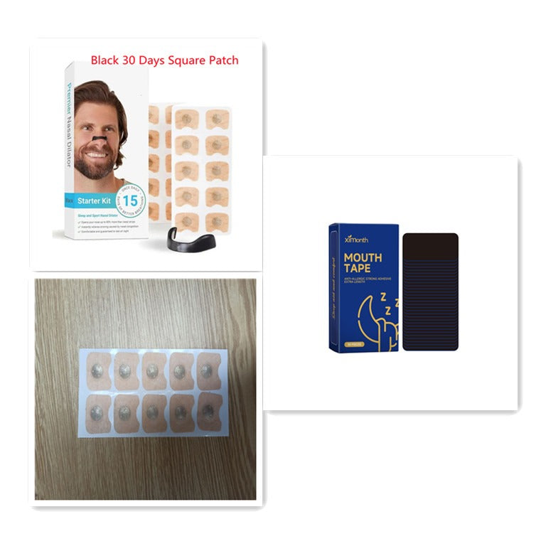 Nasal patch sheet shown next to mouth tape and starter kit packaging