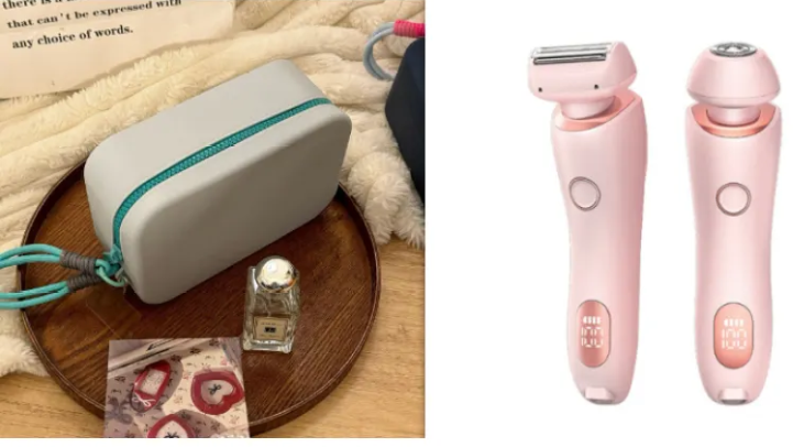 Electric duo body shaver set in pink, with two shavers and a teal zip storage case
