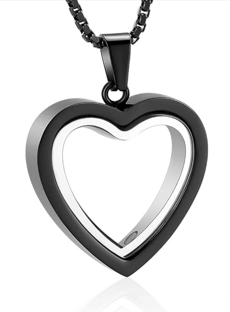 Black heart-shaped pendant necklace with layered heart frame and chain