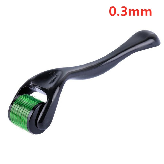 Face roller with 0.3mm needle drum, glossy black handle, green needle insert