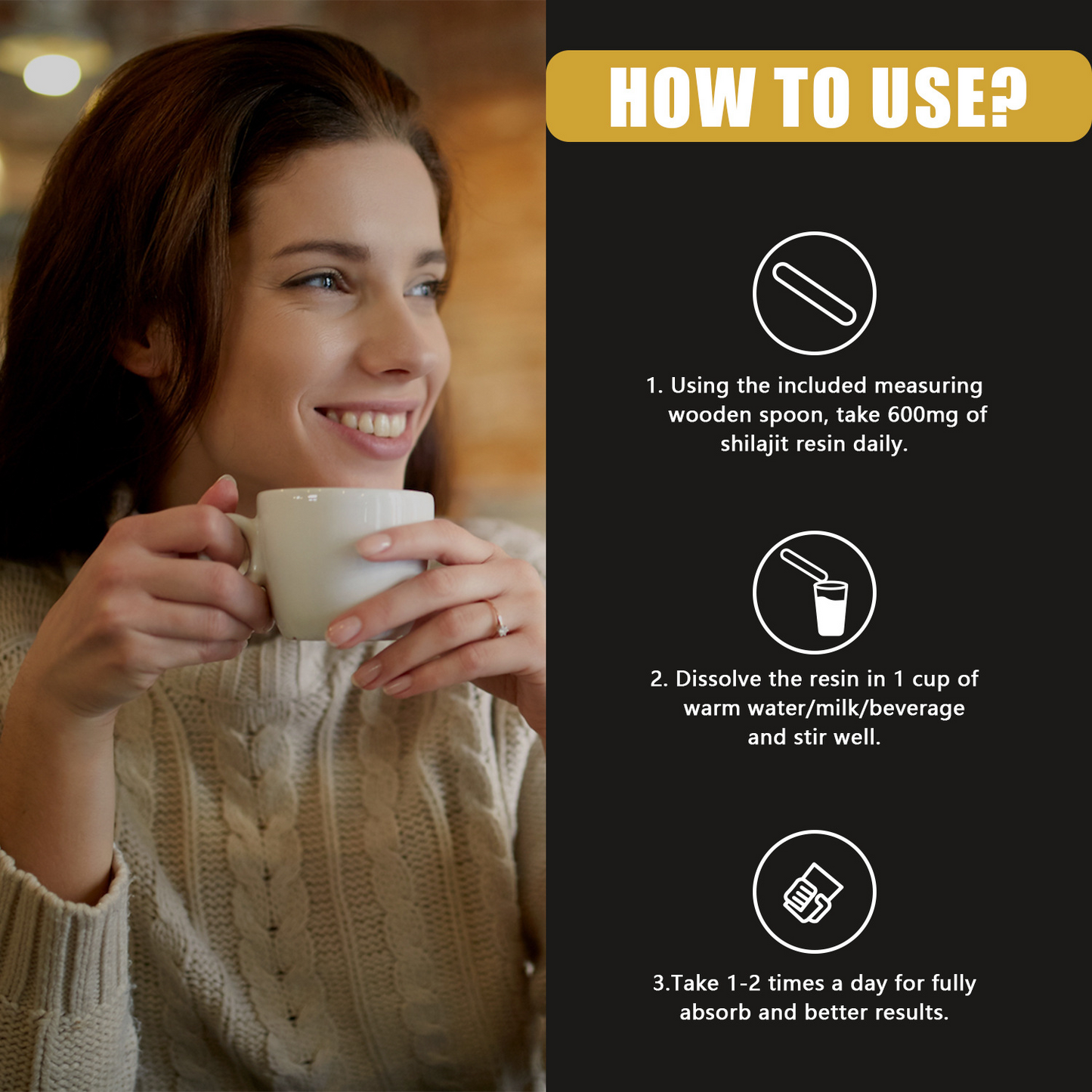 Shilajit resin supplement usage steps, jar shown with measuring cup and dissolving
