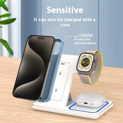 Wireless 3-in-1 charging stand, white base with angled phone, watch and earbud holders