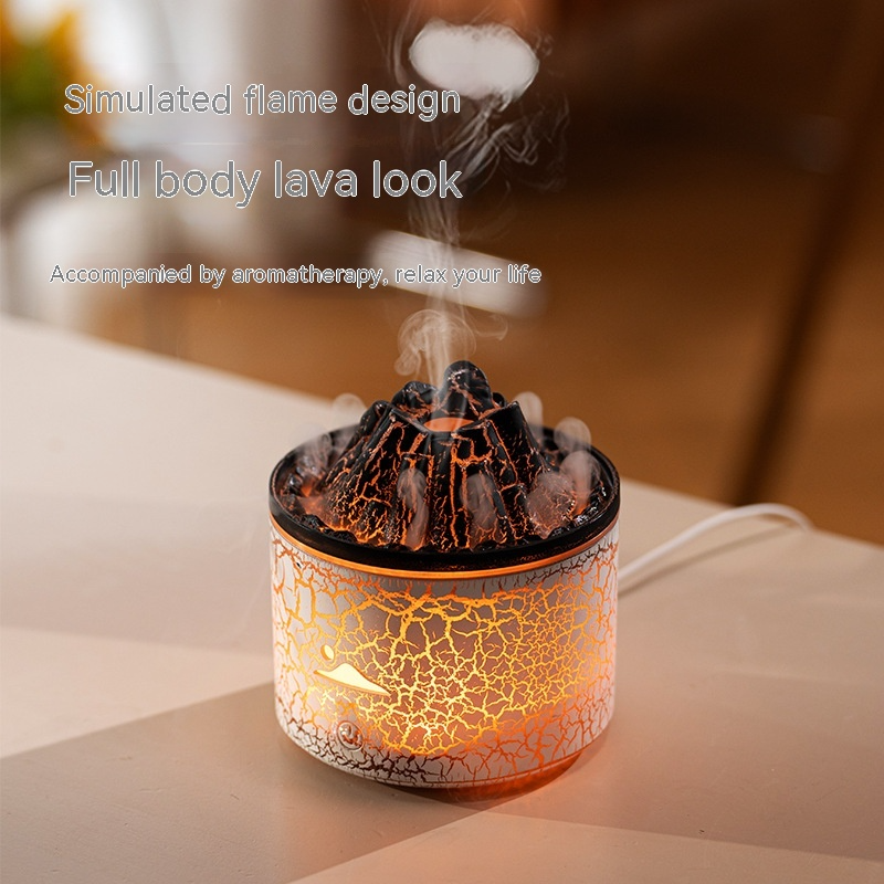 Aroma diffuser with lava-style crackled white container and rising steam from the top