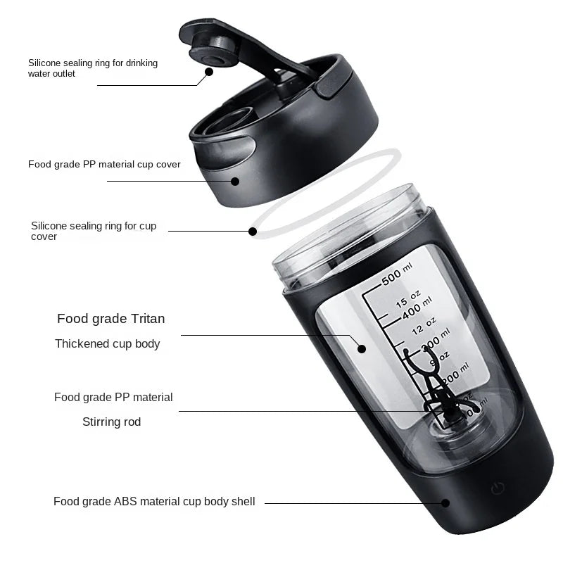 Electric shaker bottle components, black lid with seal rings and clear Tritan-style cup