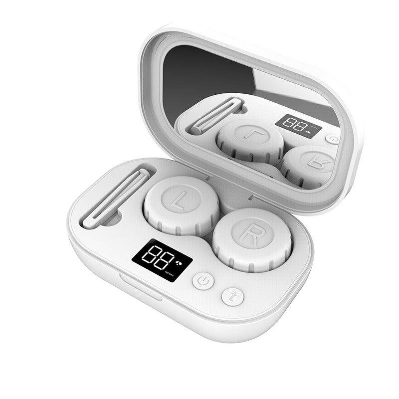 Ultrasonic contact lens cleaner, white body with open lid and three snap-in lens holders