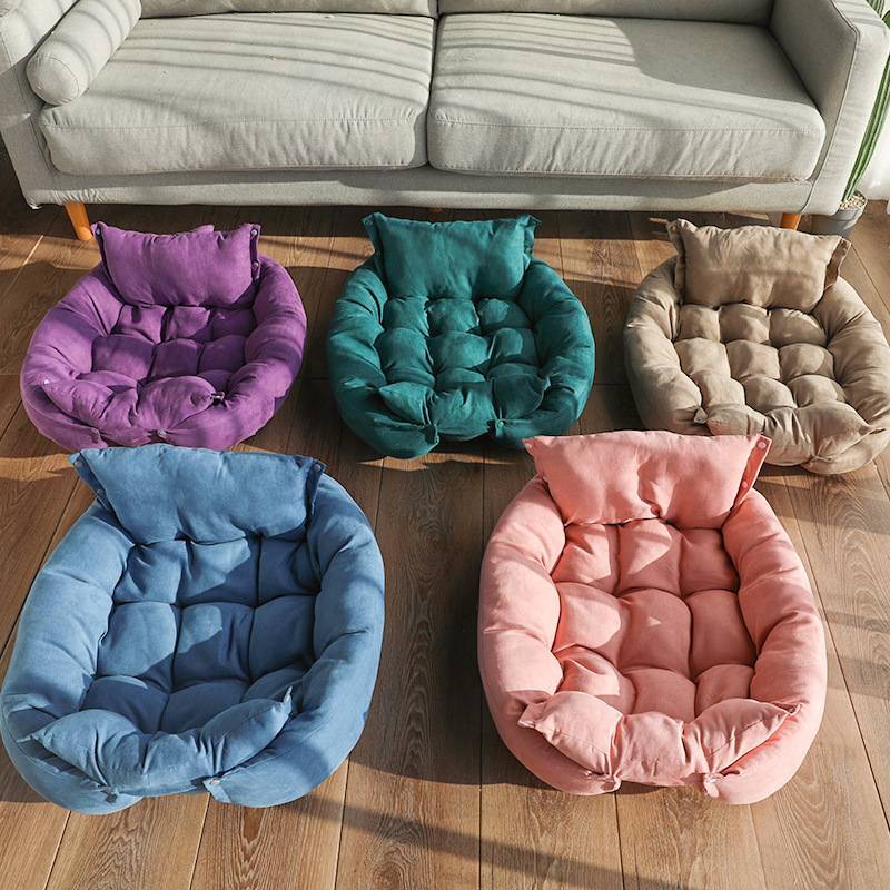 Foldable pet nest sofa bed color options: purple, teal, beige, and light blue