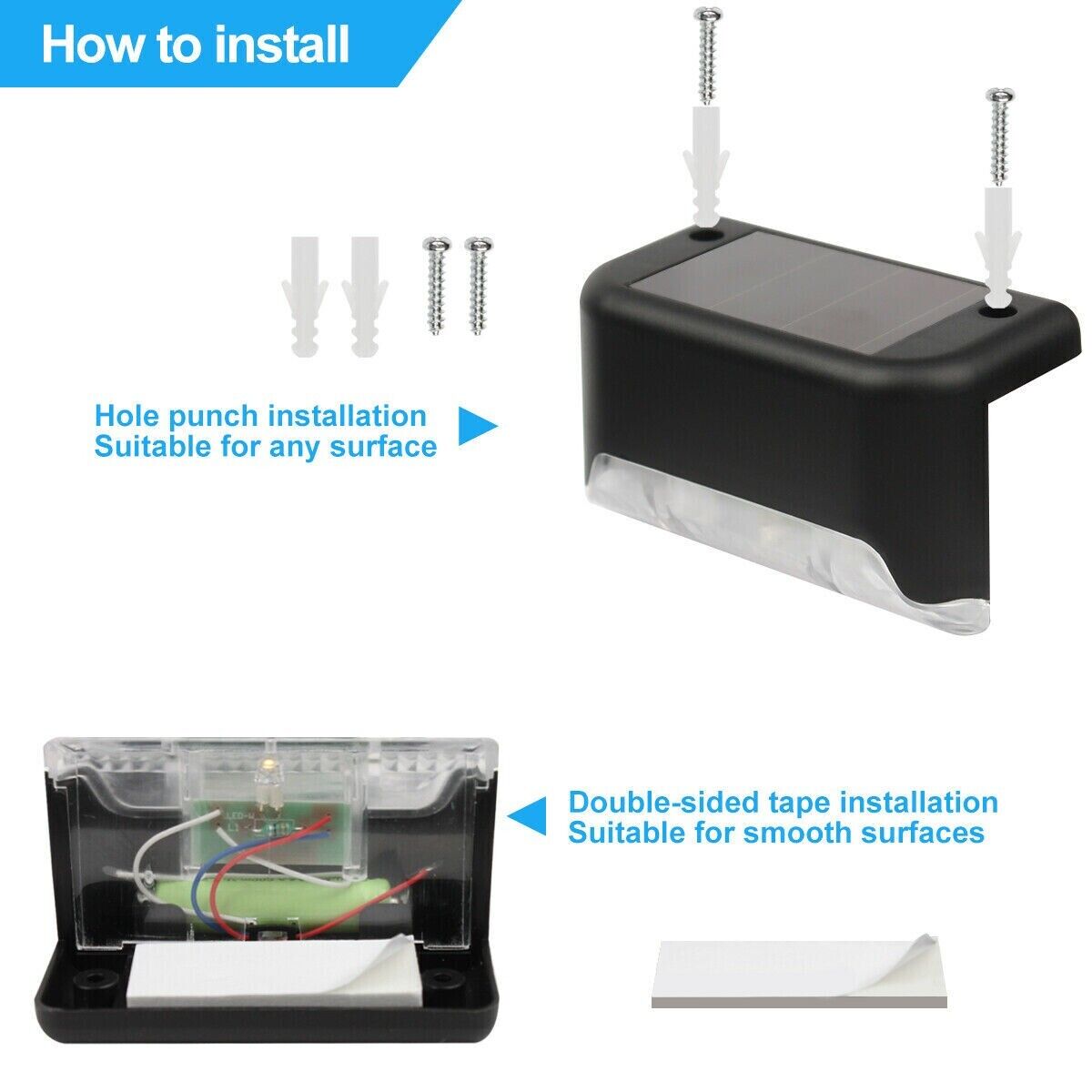 Solar step light installation view showing screws and double-sided tape setup